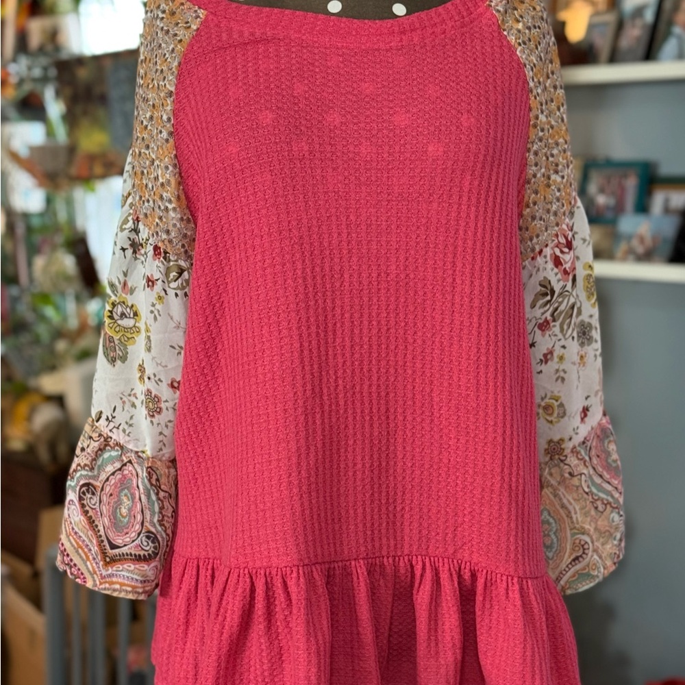 Boho floral cottagecore Umgee Pink Blouse flowy Sleeves size large flirty